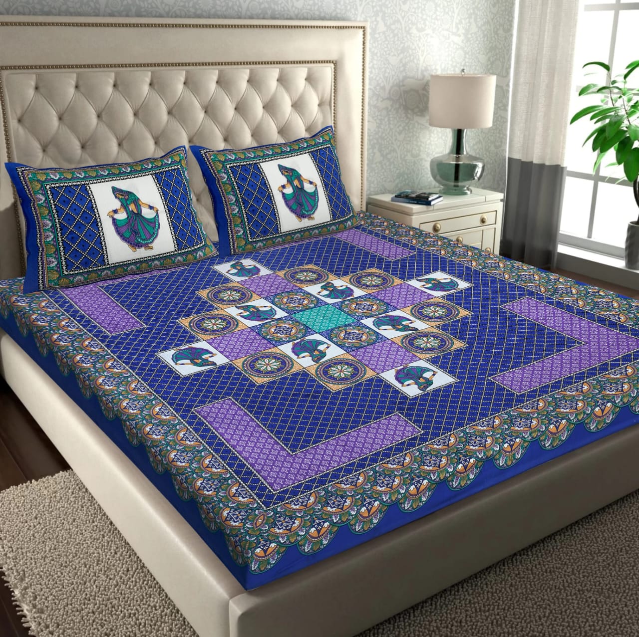 Rajasthani Cotton Double bed Bedsheet with Two Pillow Cover