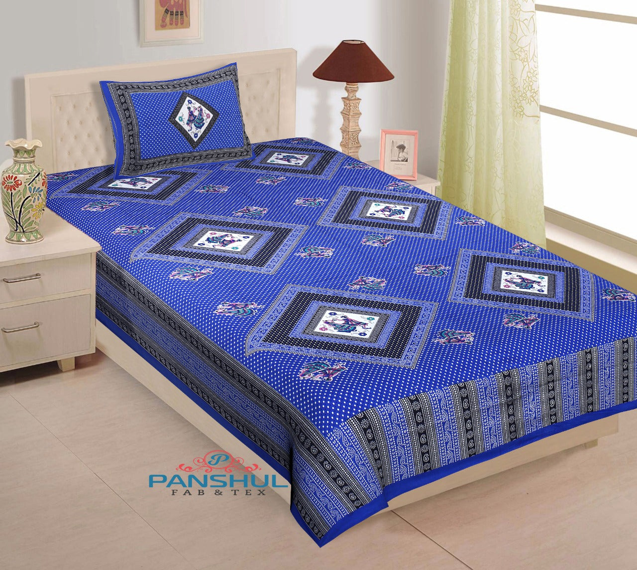 Rajasthani Cotton Single Bed Bedsheet with One Pillow Cover