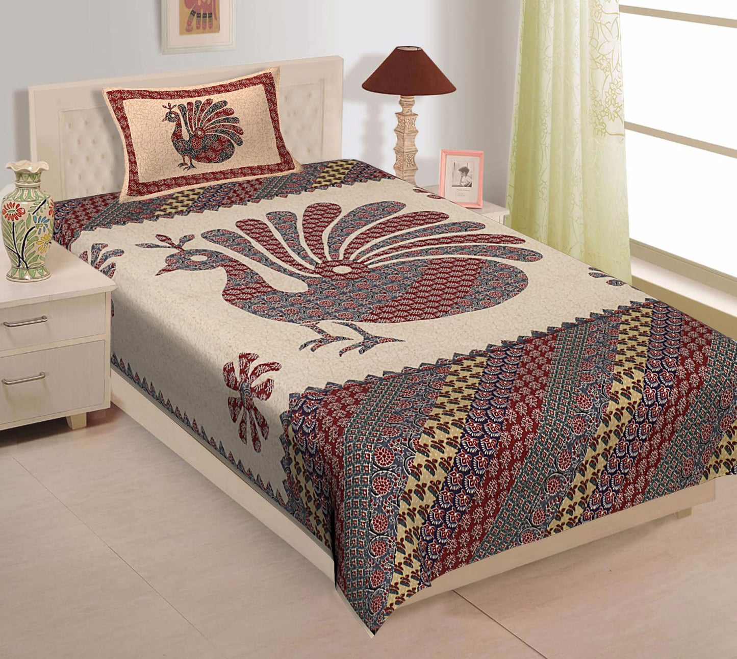 Rajasthani Cotton Single Bed Bedsheet with One Pillow Cover