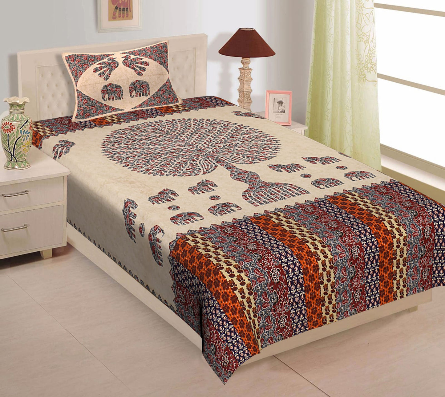 Rajasthani Cotton Single Bed Bedsheet with One Pillow Cover