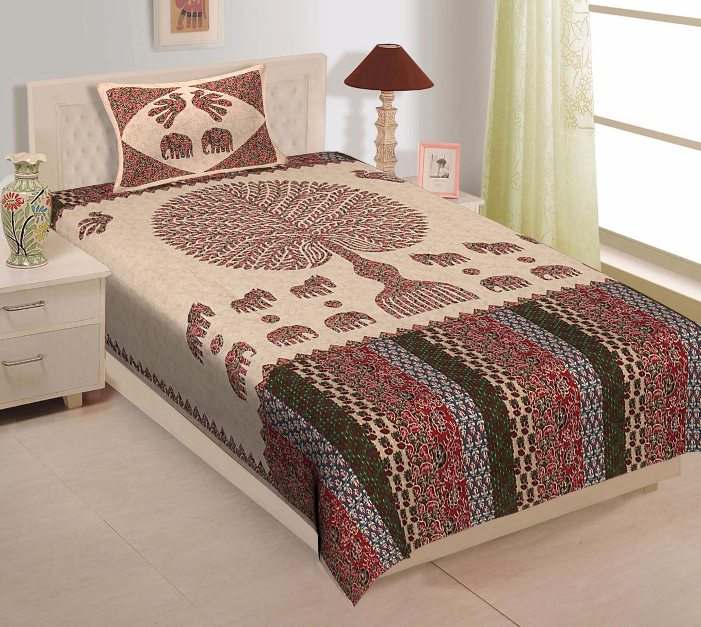 Rajasthani Cotton Single Bed Bedsheet with One Pillow Cover