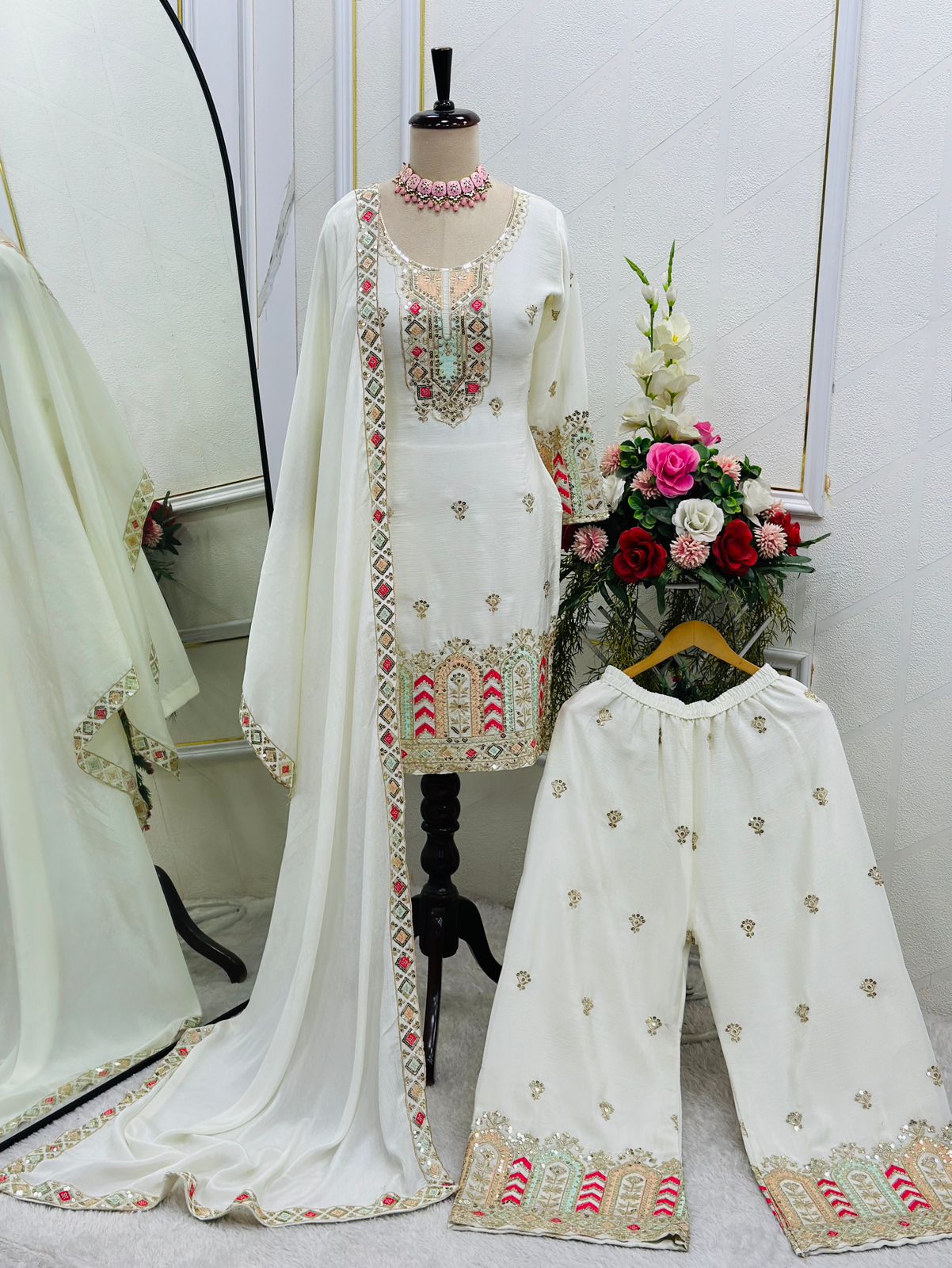 Pure Chinon Top-Plazzo with Dupatta Set