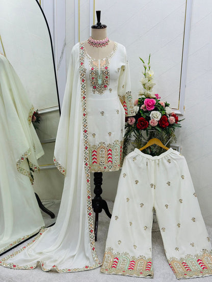 Pure Chinon Top-Plazzo with Dupatta Set