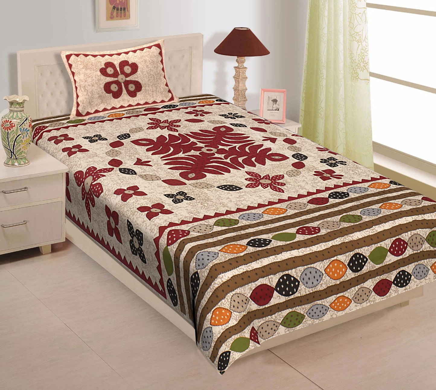 Rajasthani Cotton Single Bed Bedsheet with One Pillow Cover