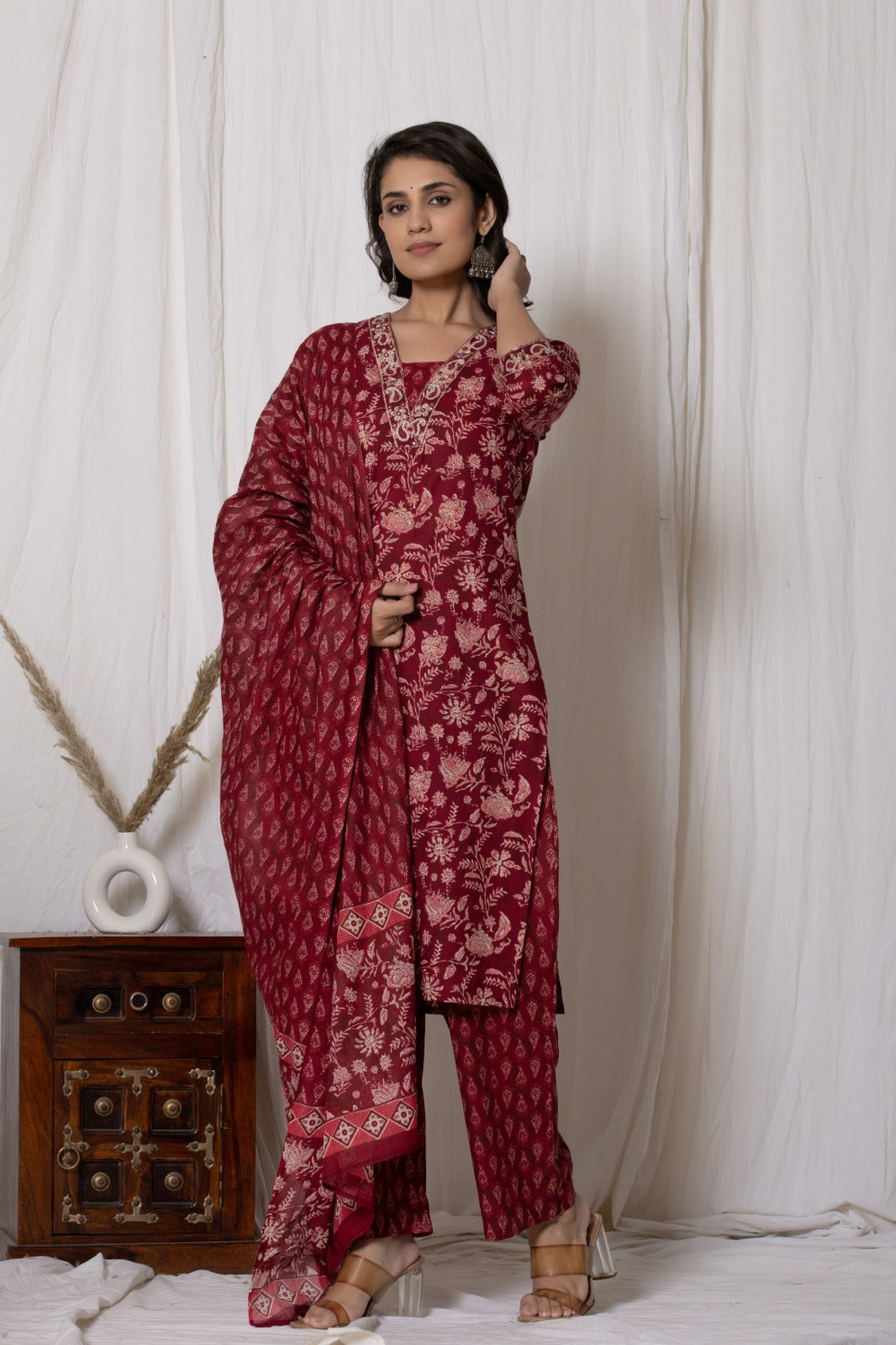 Pure Cotton (60-60) V Neck Embroidery with Printed Dupatta 3 pcs Suit