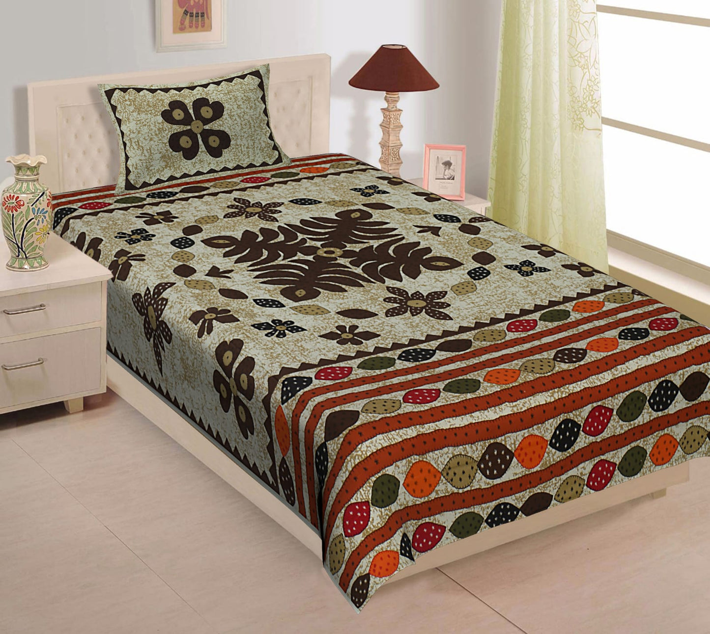 Rajasthani Cotton Single Bed Bedsheet with One Pillow Cover