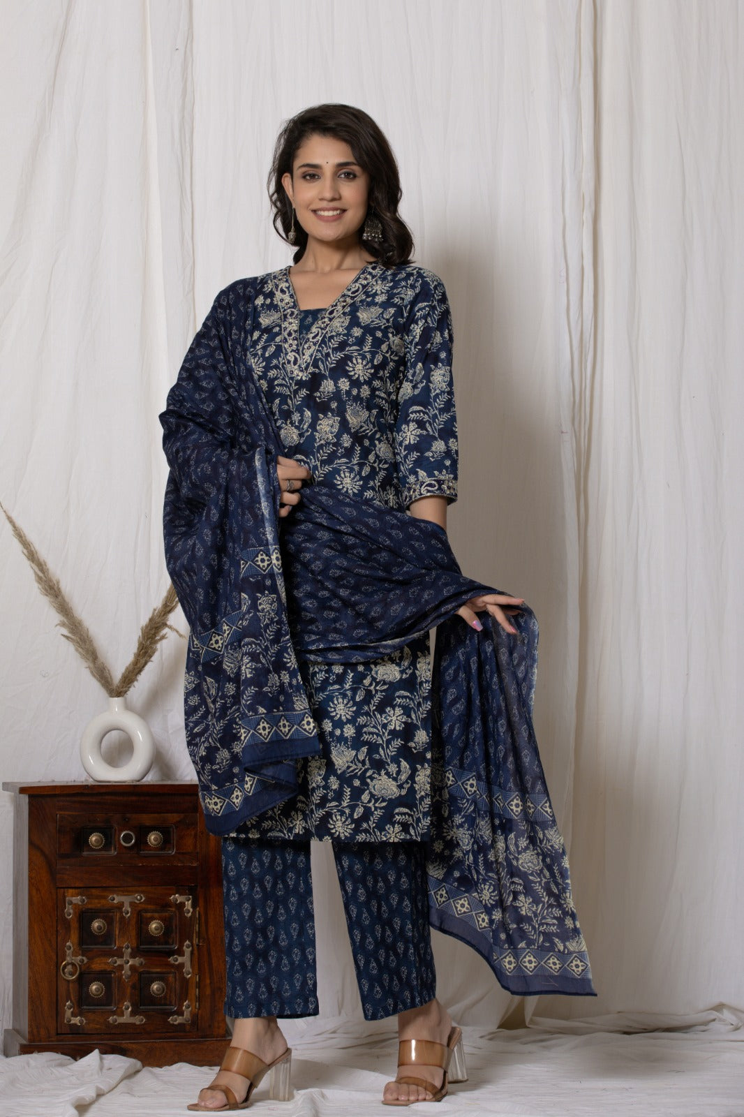 Pure Cotton (60-60) V Neck Embroidery with Printed Dupatta 3 pcs Suit