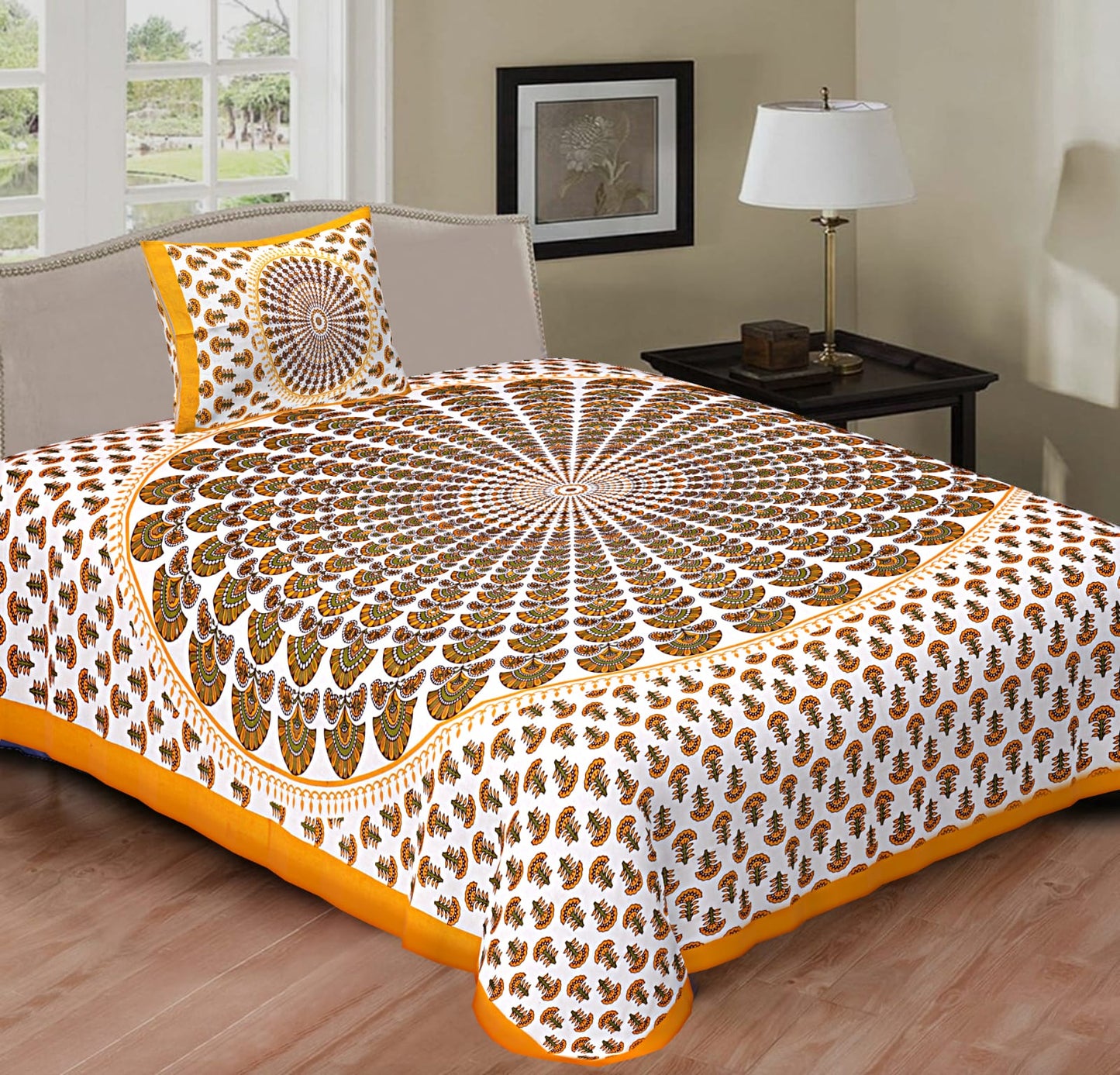 Rajasthani Cotton Single Bed Bedsheet with One Pillow Cover