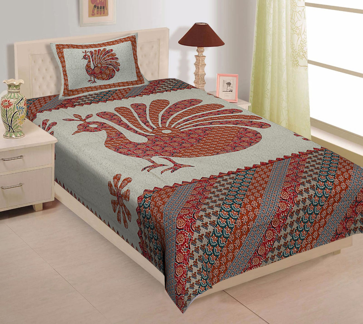 Rajasthani Cotton Single Bed Bedsheet with One Pillow Cover