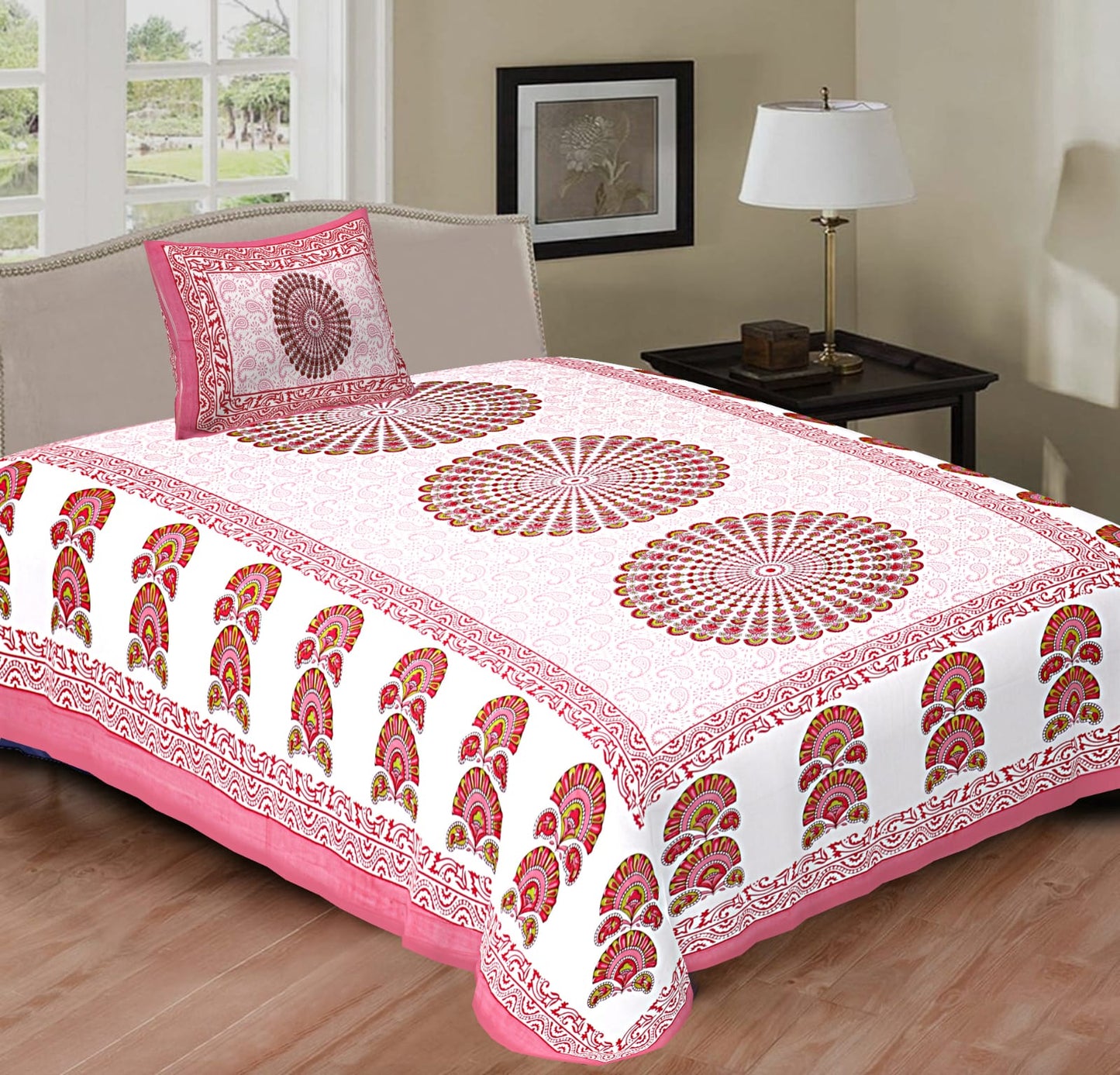 Rajasthani Cotton Single Bed Bedsheet with One Pillow Cover