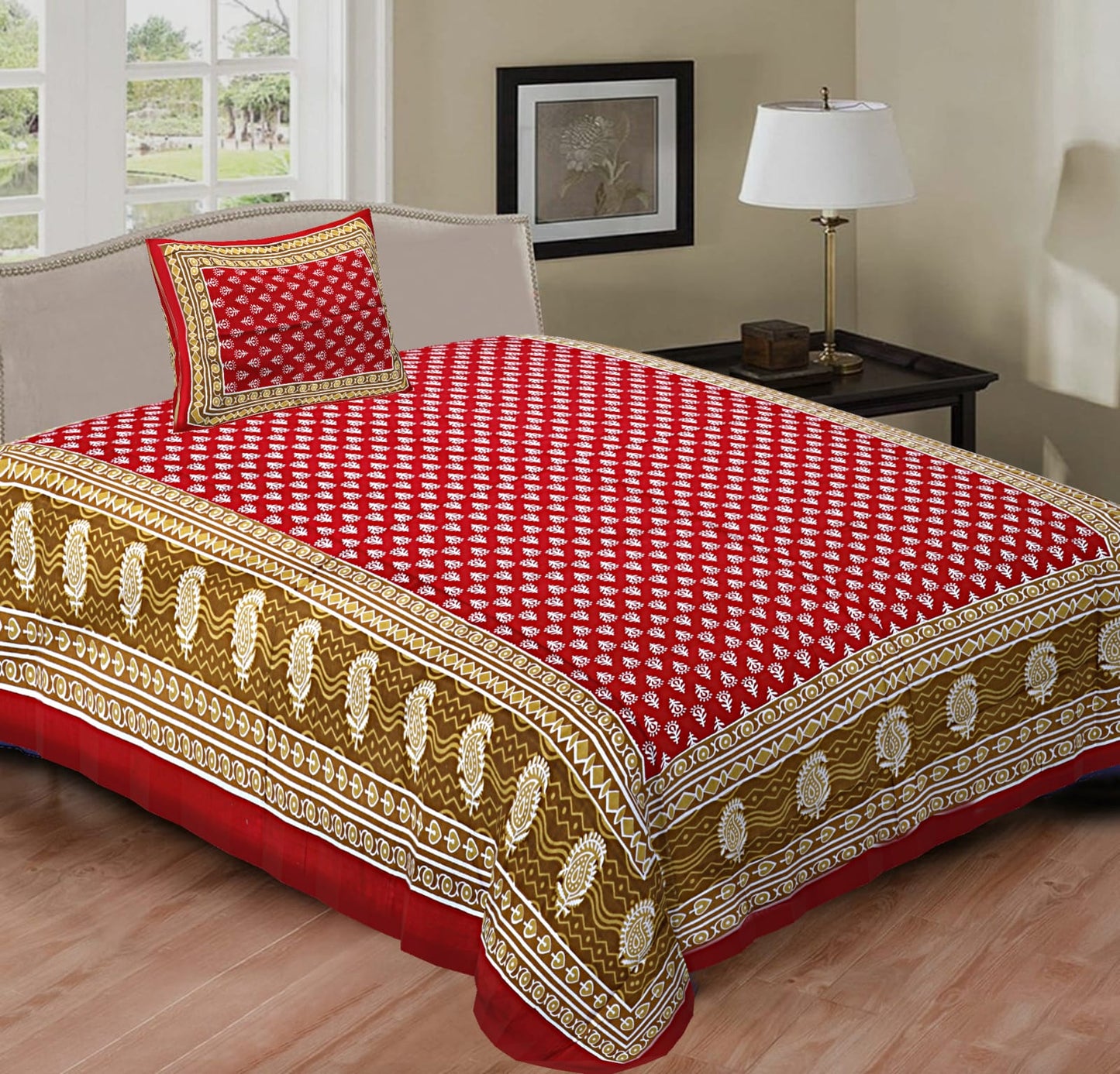 Rajasthani Cotton Single Bed Bedsheet with One Pillow Cover