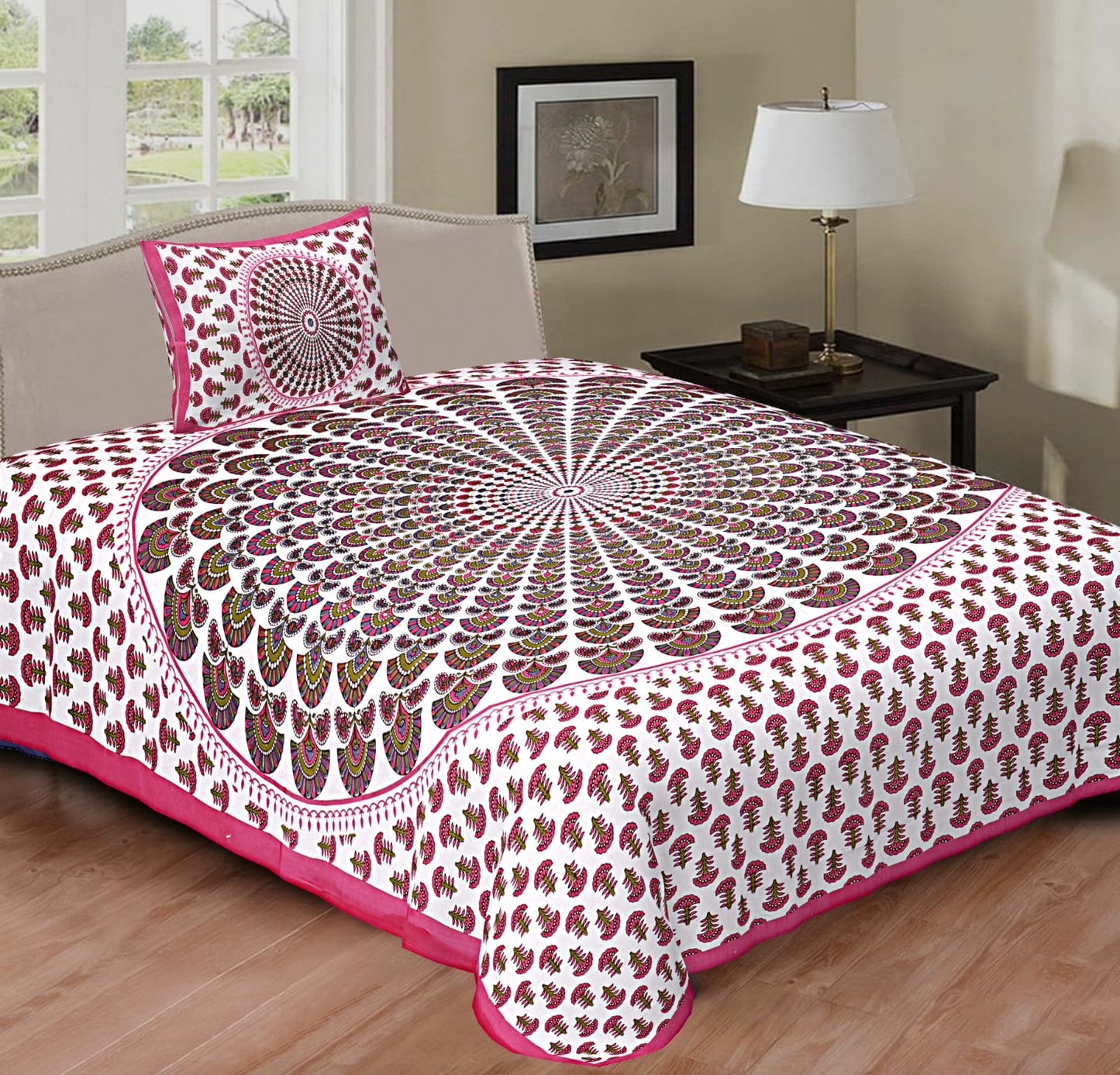 Rajasthani Cotton Single Bed Bedsheet with One Pillow Cover