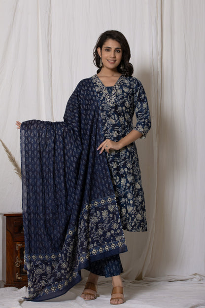 Pure Cotton (60-60) V Neck Embroidery with Printed Dupatta 3 pcs Suit