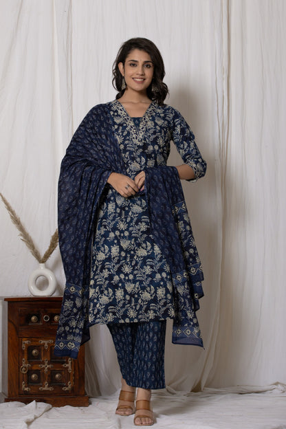 Pure Cotton (60-60) V Neck Embroidery with Printed Dupatta 3 pcs Suit