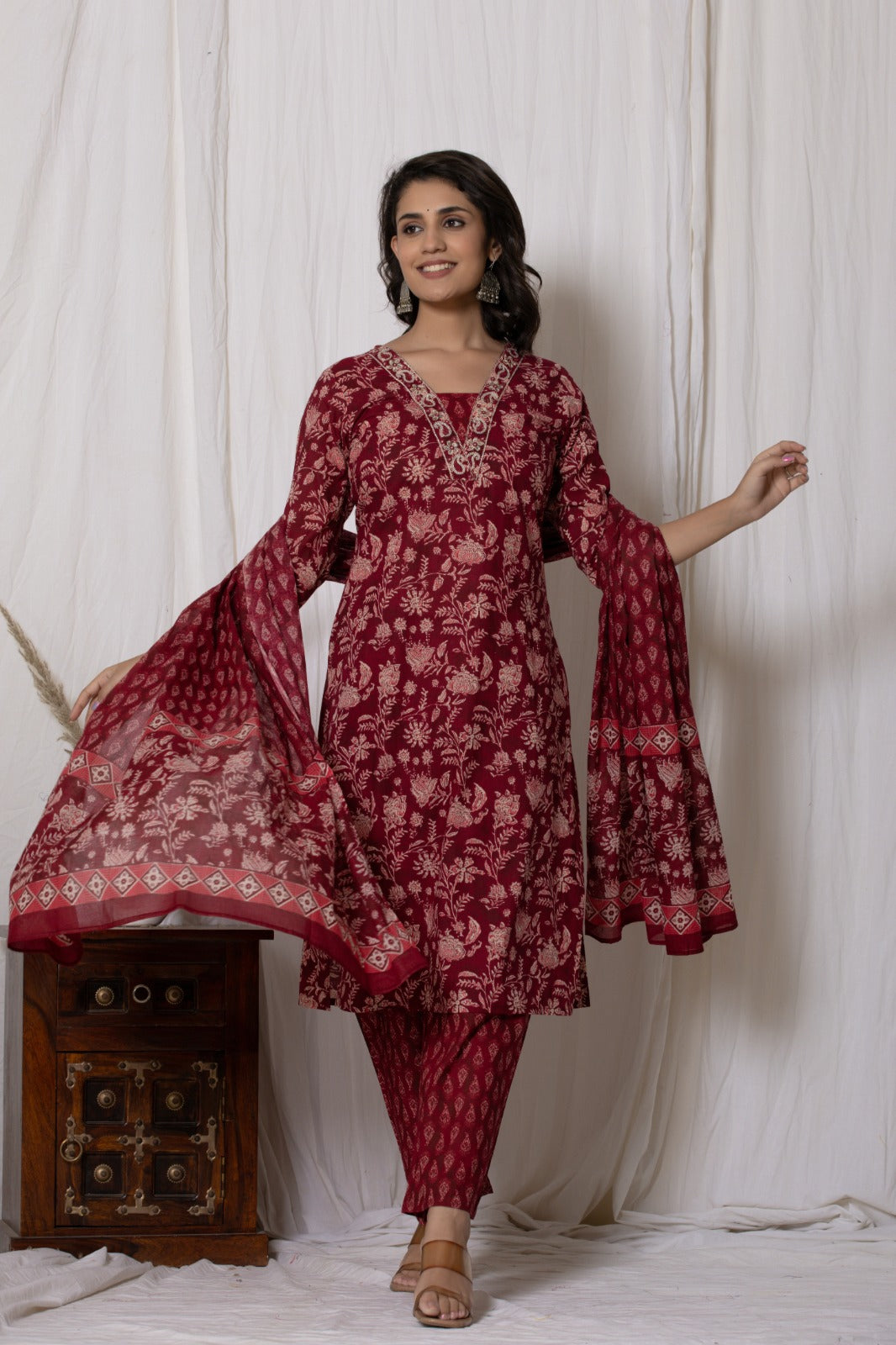 Pure Cotton (60-60) V Neck Embroidery with Printed Dupatta 3 pcs Suit