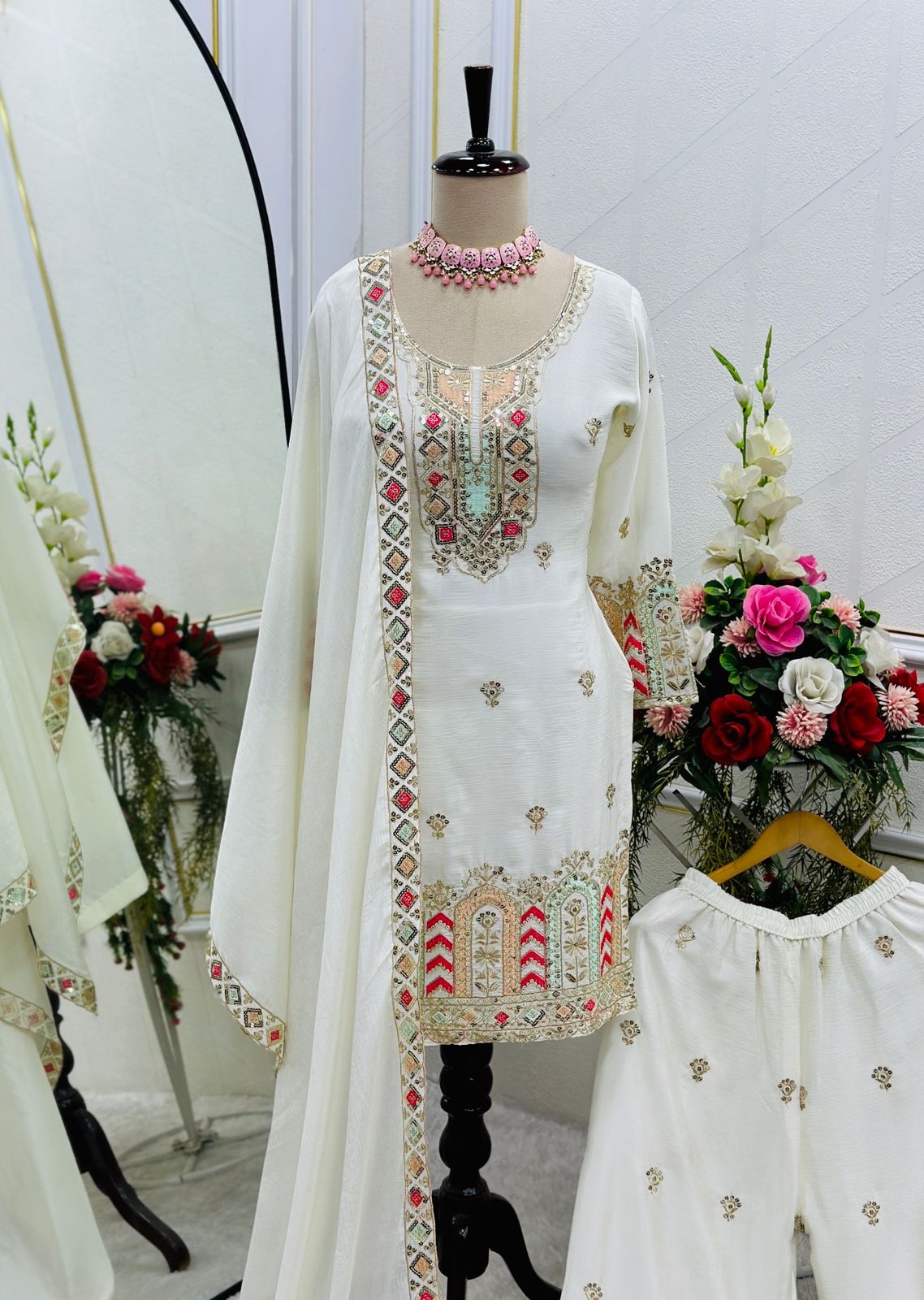 Pure Chinon Top-Plazzo with Dupatta Set