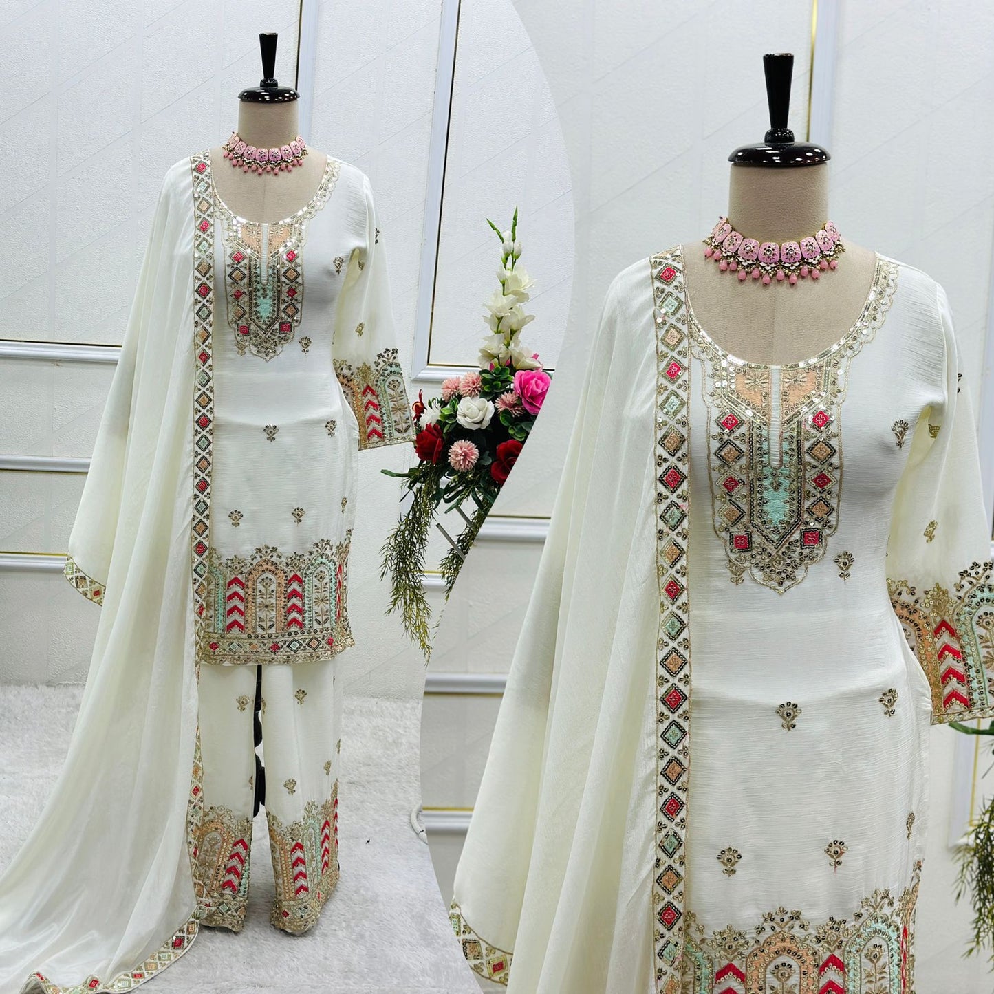 Pure Chinon Top-Plazzo with Dupatta Set