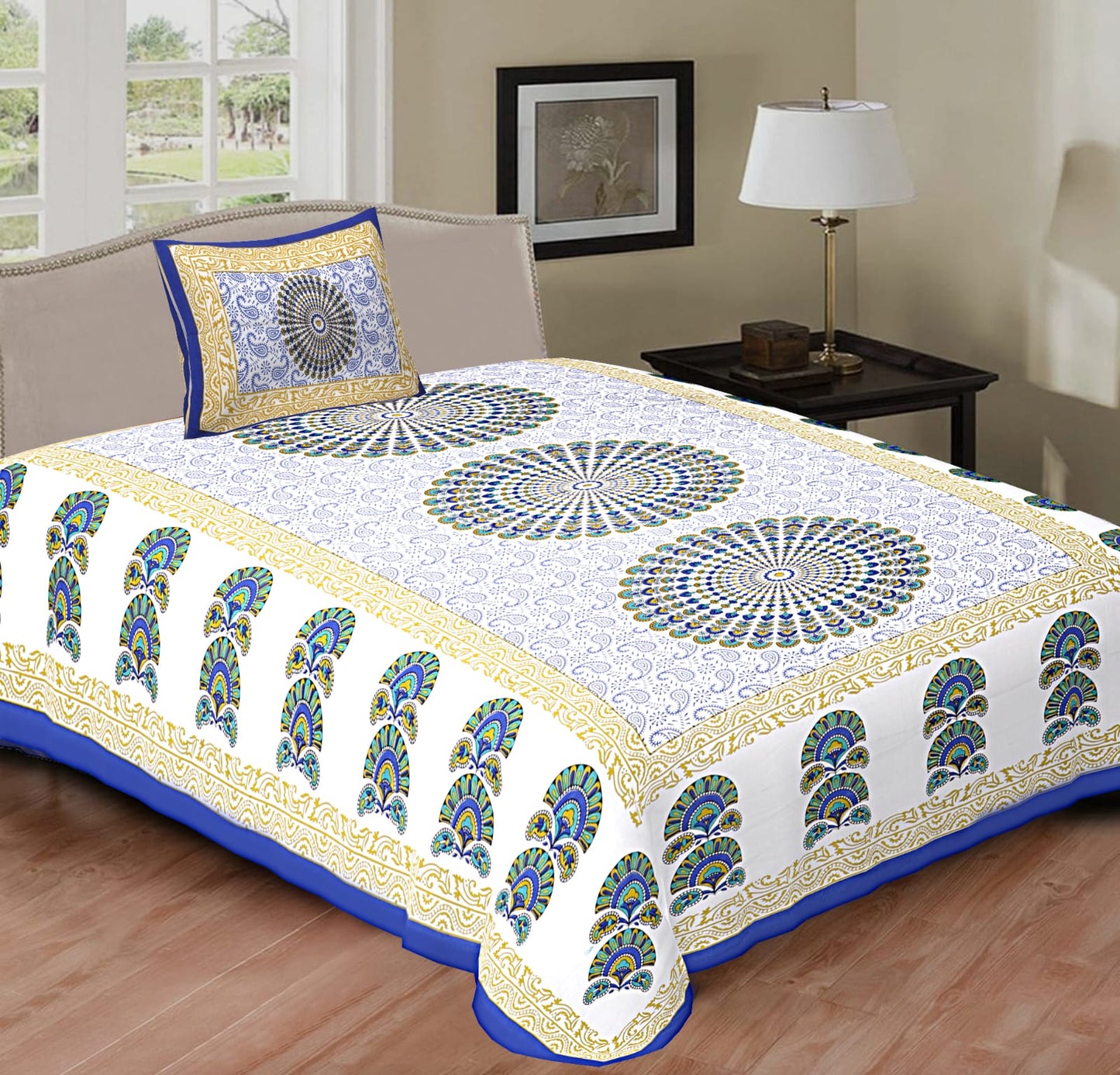 Rajasthani Cotton Single Bed Bedsheet with One Pillow Cover