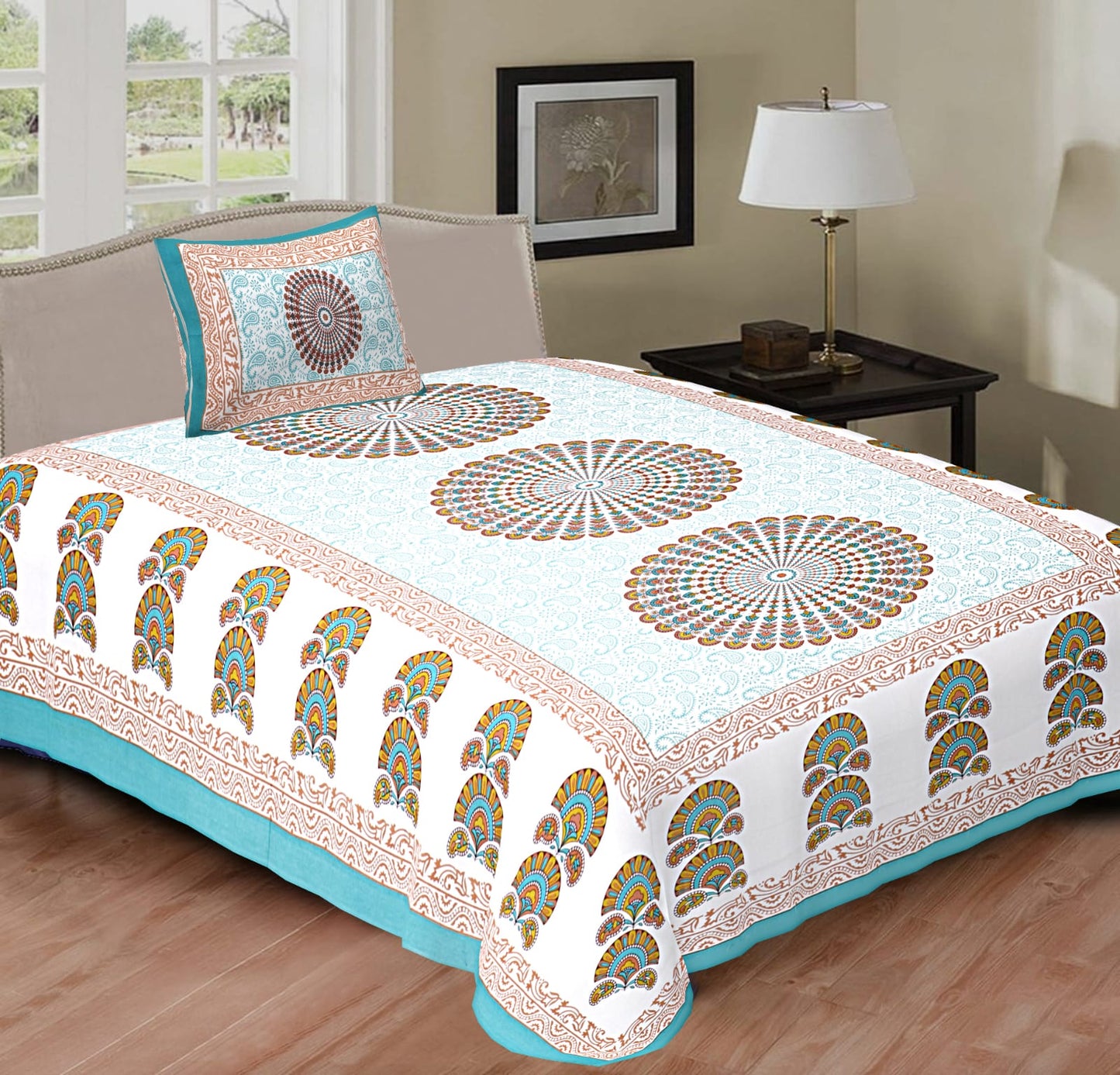 Rajasthani Cotton Single Bed Bedsheet with One Pillow Cover